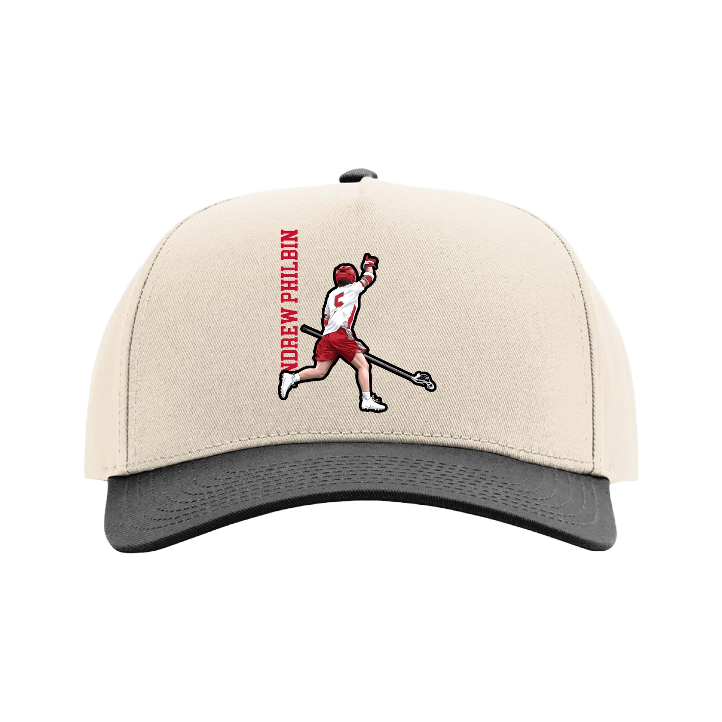 Full Fabric Five-Panel Champ Cap — Name Vertical in Cream/Black