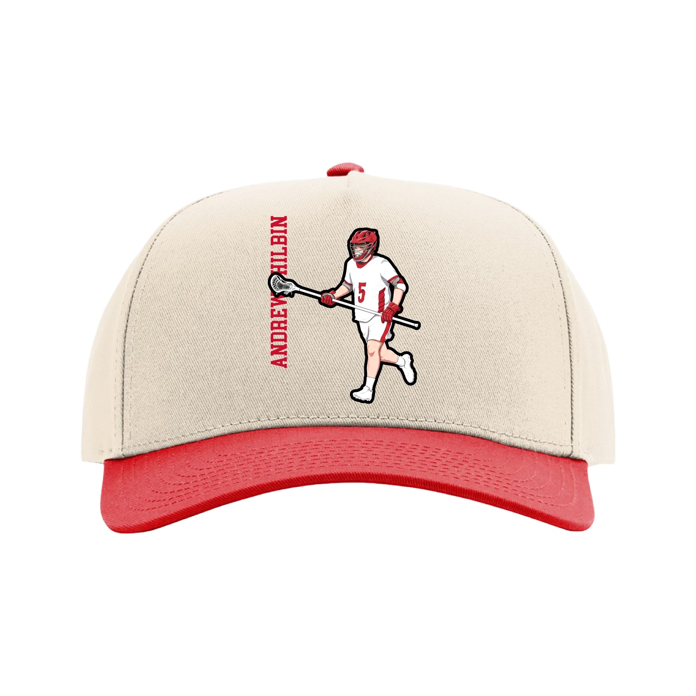 Full Fabric Five-Panel Champ Cap — Name Vertical in Cream/Red