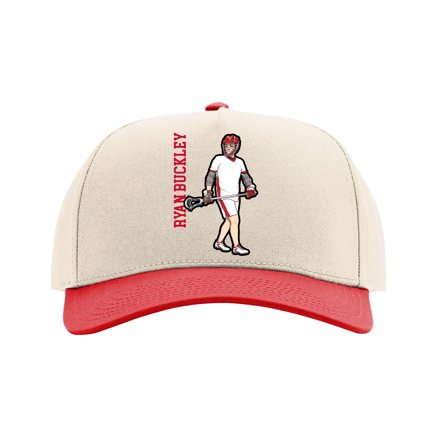 Full Fabric Five-Panel Champ Cap — Name Vertical in Cream/Red