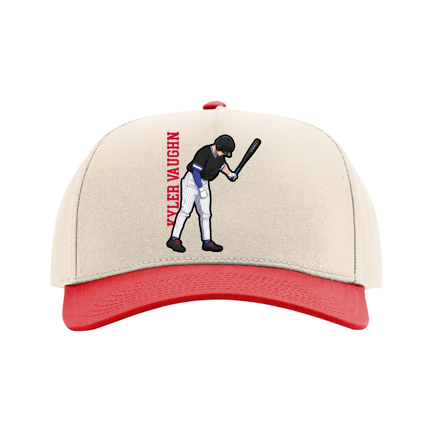 Full Fabric Five-Panel Champ Cap — Name Vertical in Cream/Red