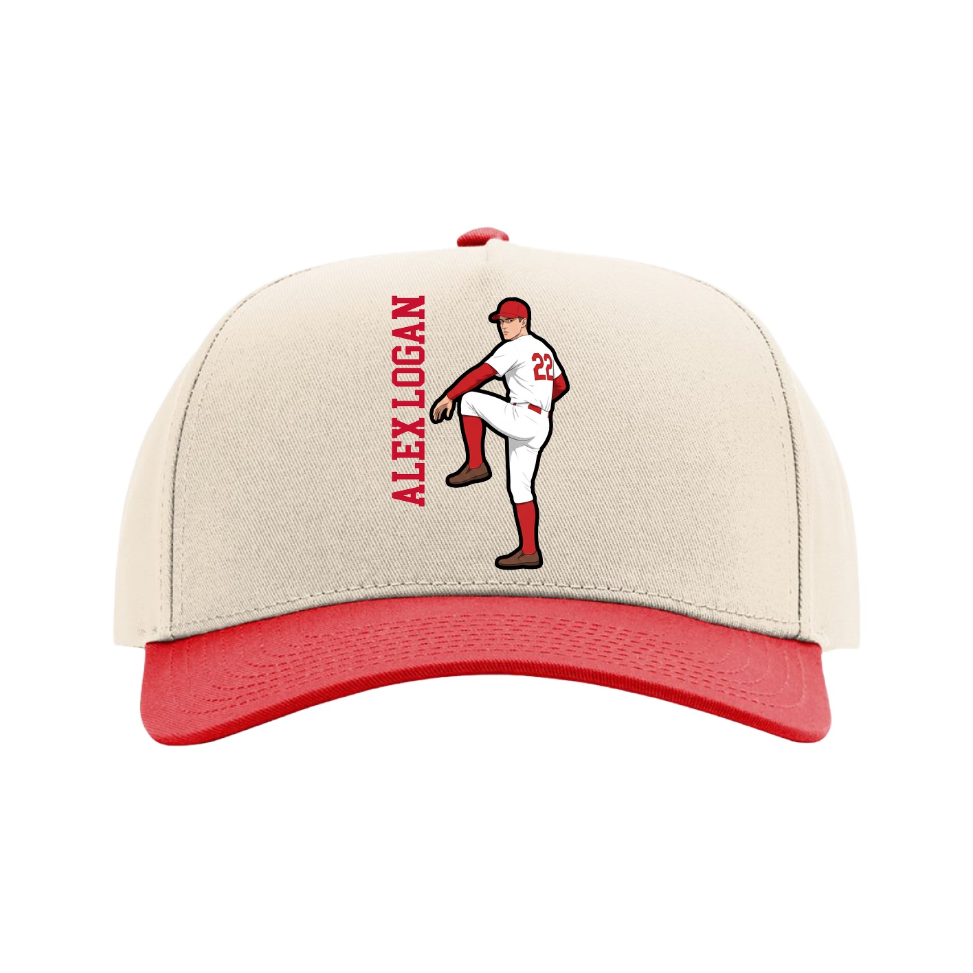 Full Fabric Five-Panel Champ Cap — Name Vertical in Cream/Red