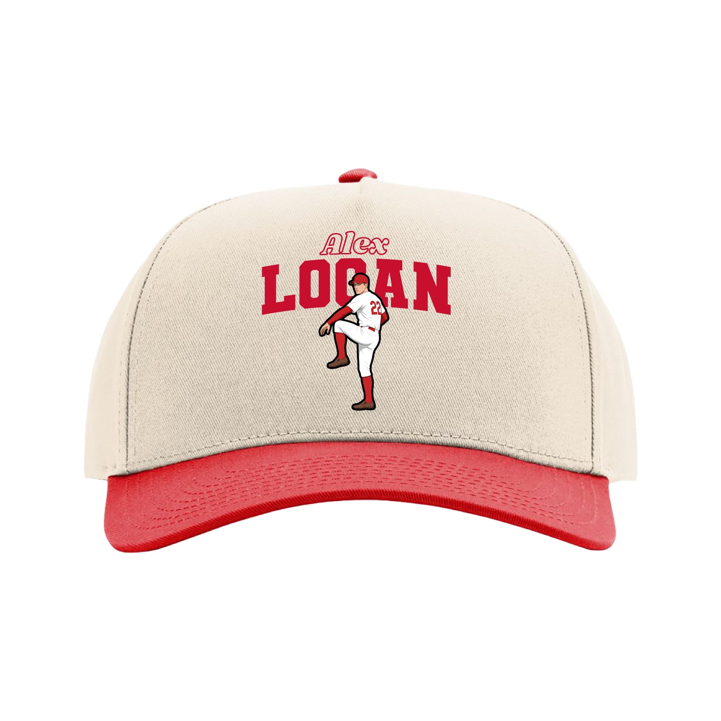 Full Fabric Five-Panel Champ Cap — Name Arch in Cream/Red