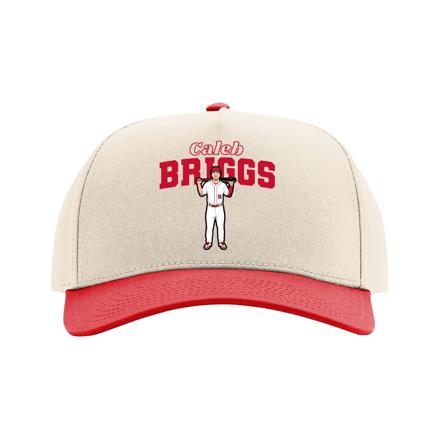 Full Fabric Five-Panel Champ Cap — Name Arch in Cream/Red