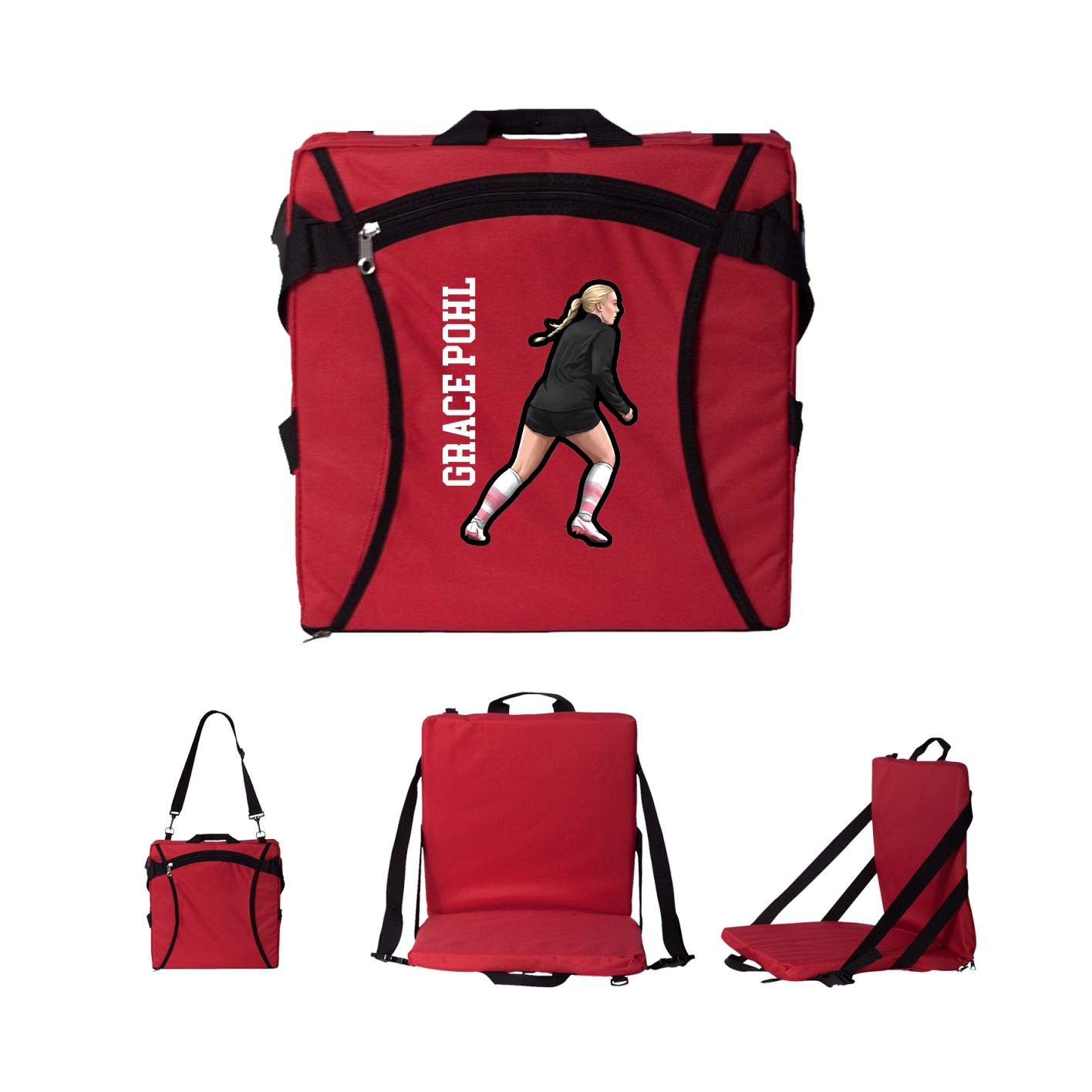 Folding Stadium Seat — Name Vertical in Red