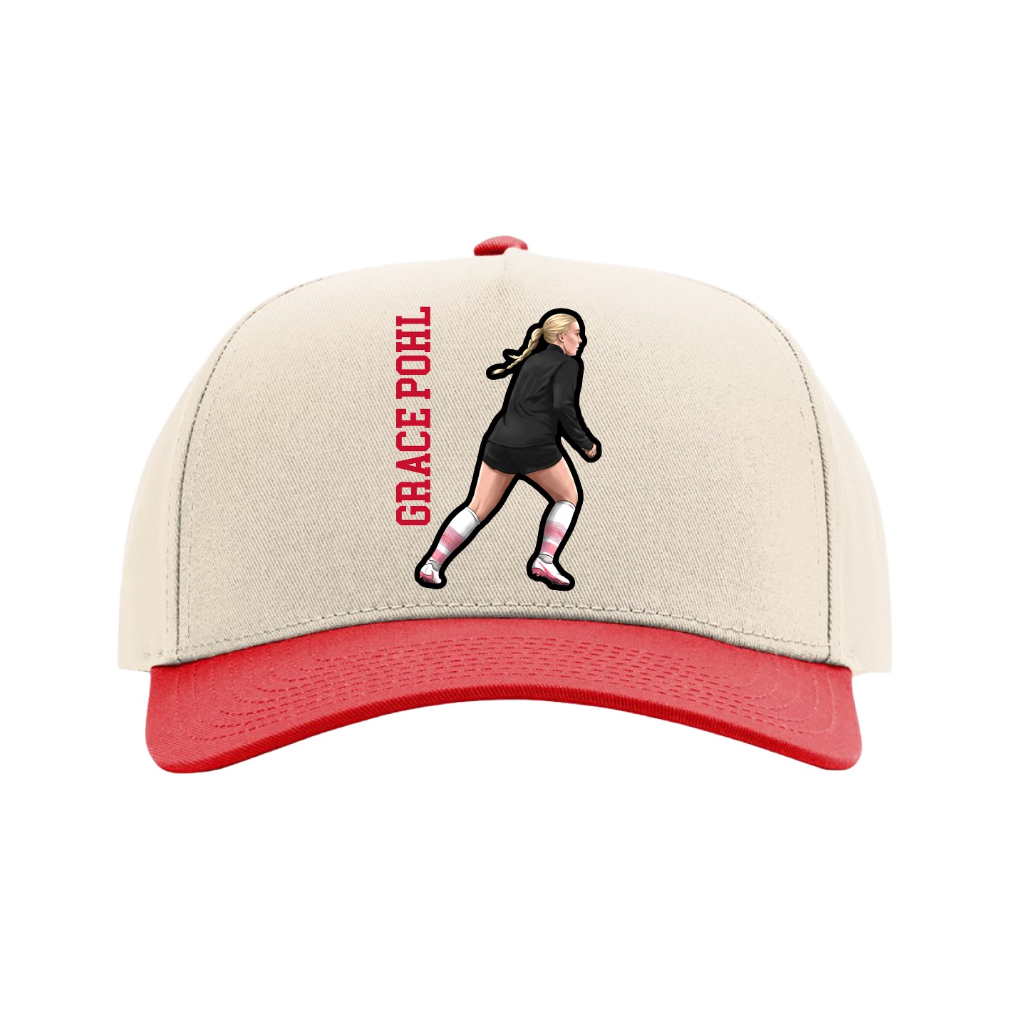 Full Fabric Five-Panel Champ Cap — Name Vertical in Cream/Red