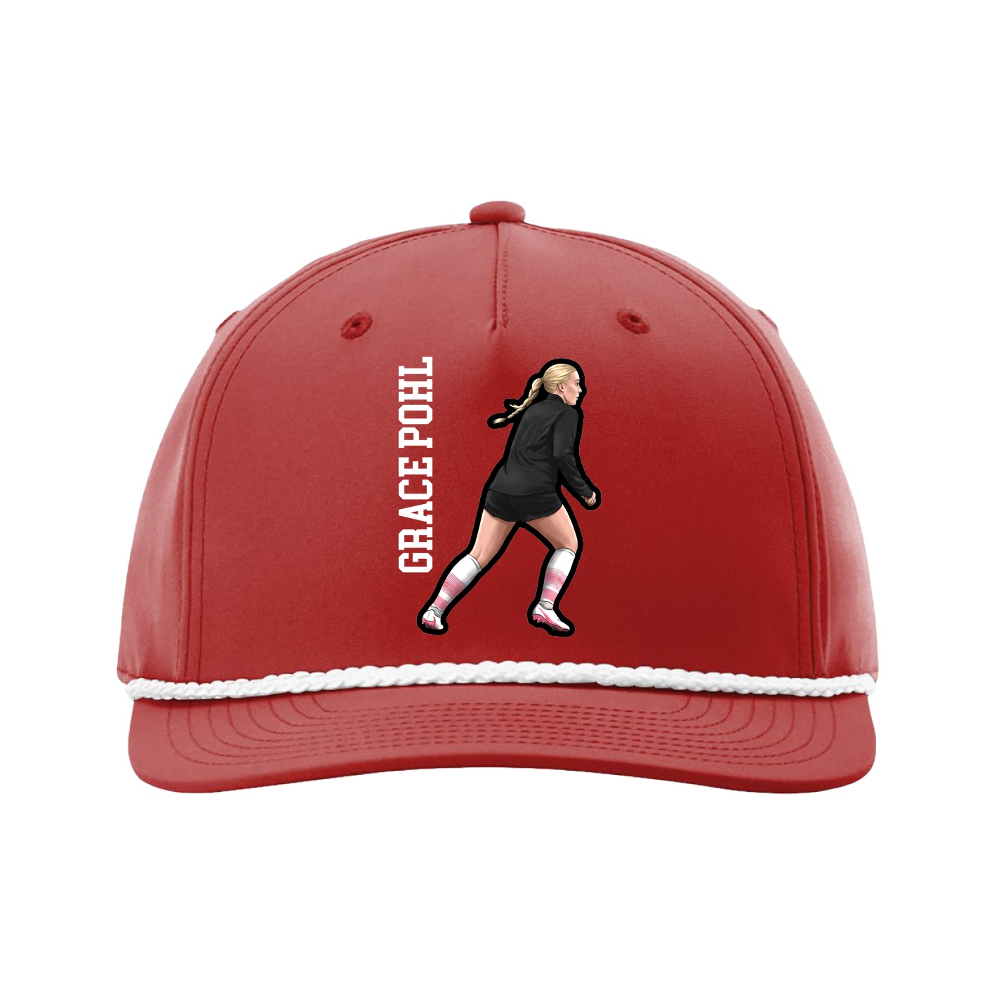 Five-Panel Classic Rope Cap — Name Vertical in Red