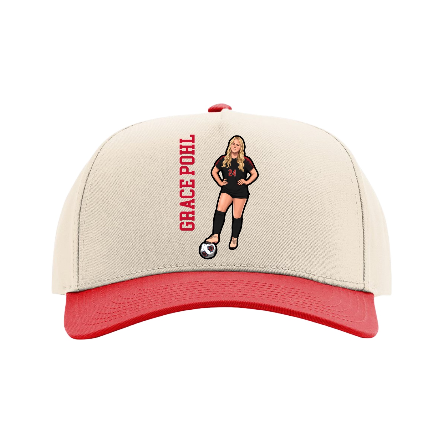 Full Fabric Five-Panel Champ Cap — Name Vertical in Cream/Red