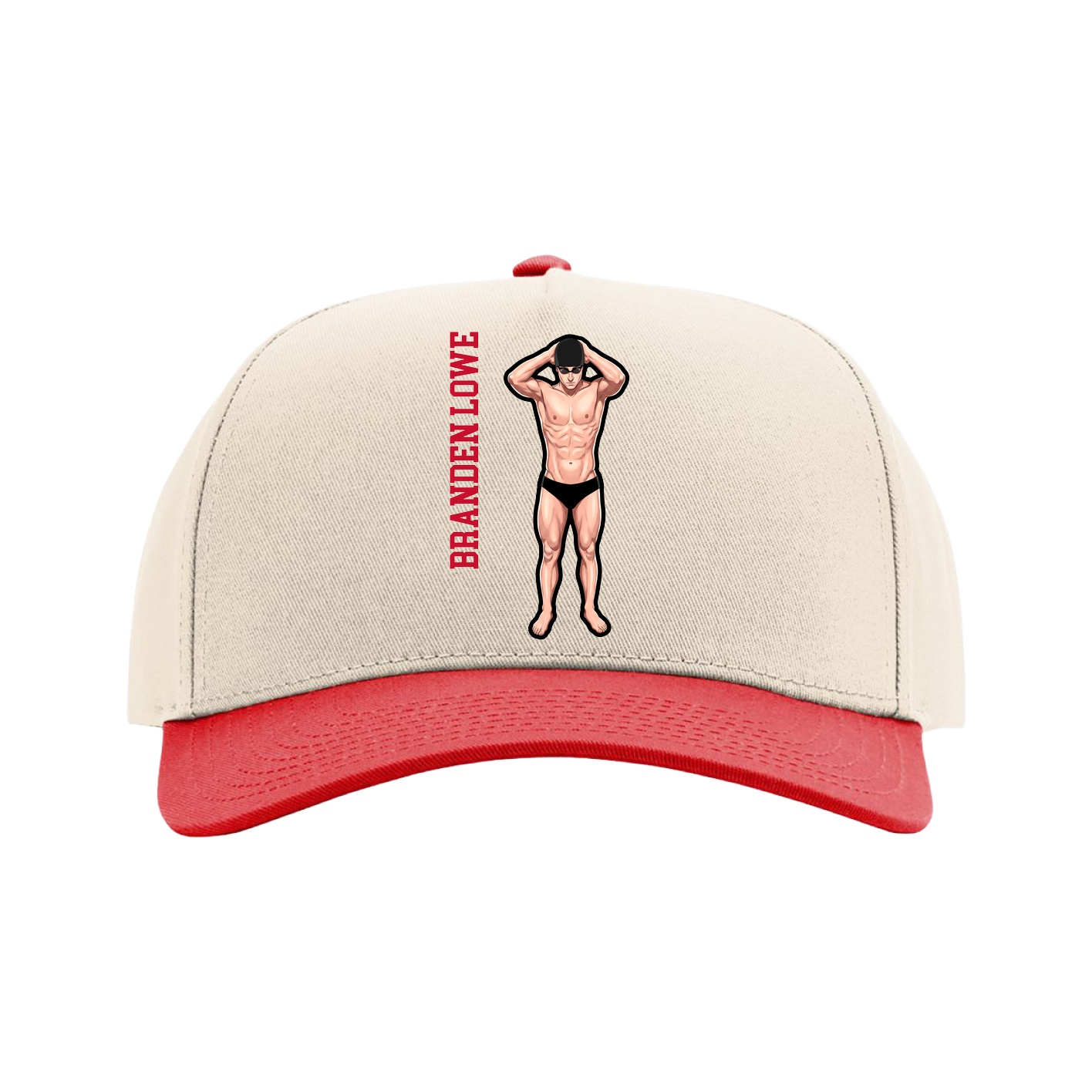 Full Fabric Five-Panel Champ Cap — Name Vertical in Cream/Red