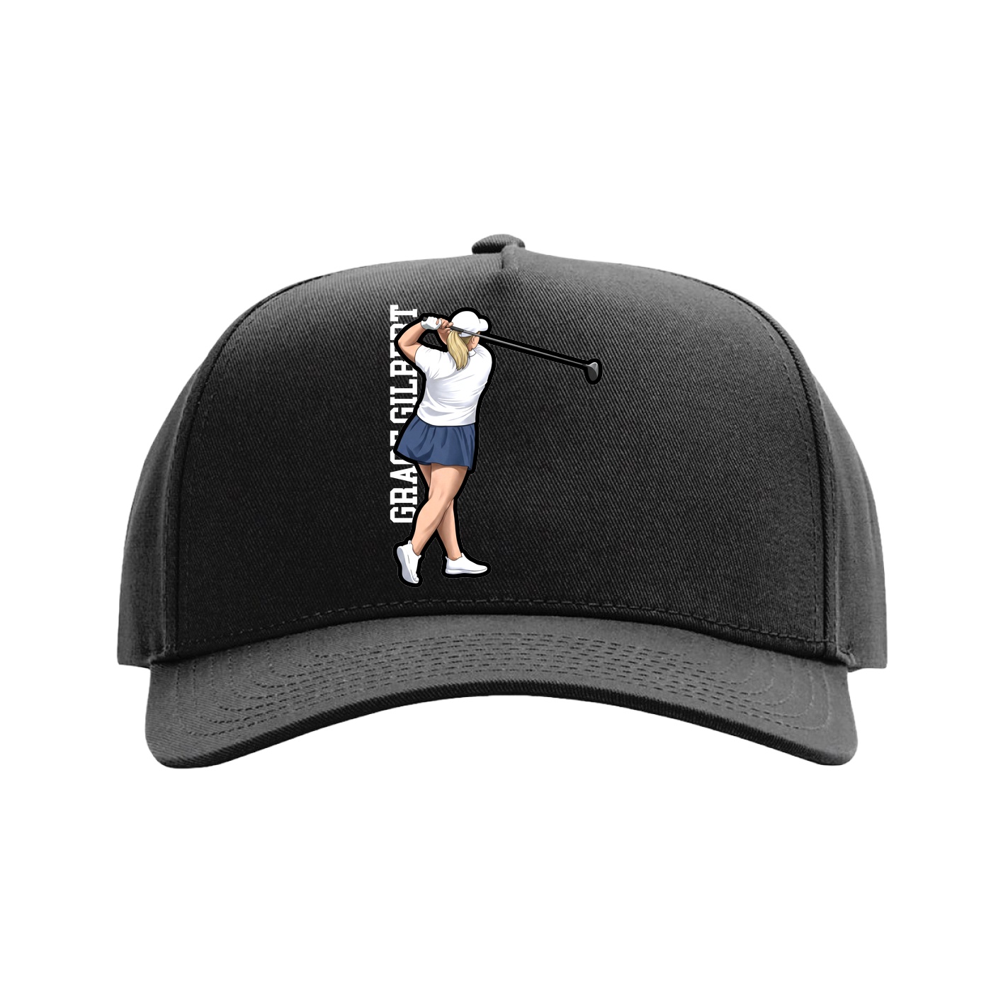 Full Fabric Five-Panel Champ Cap — Name Vertical in Black