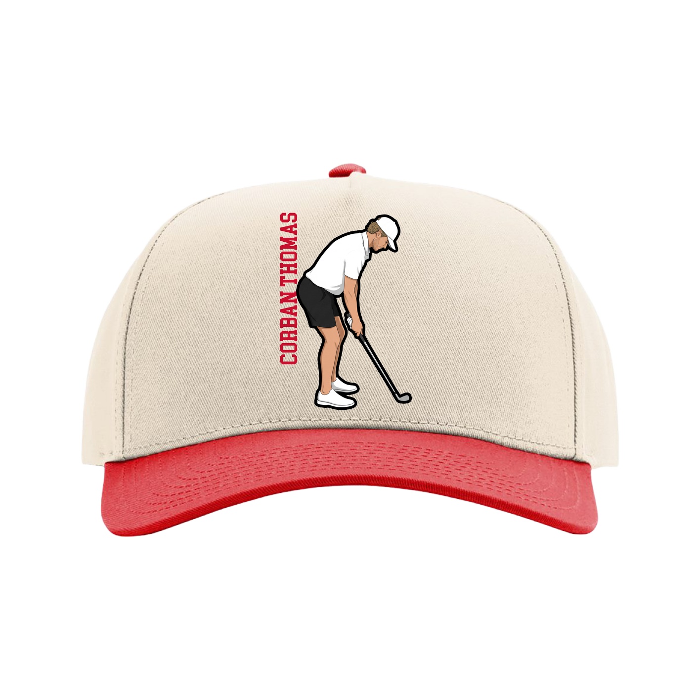 Full Fabric Five-Panel Champ Cap — Name Vertical in Cream/Red