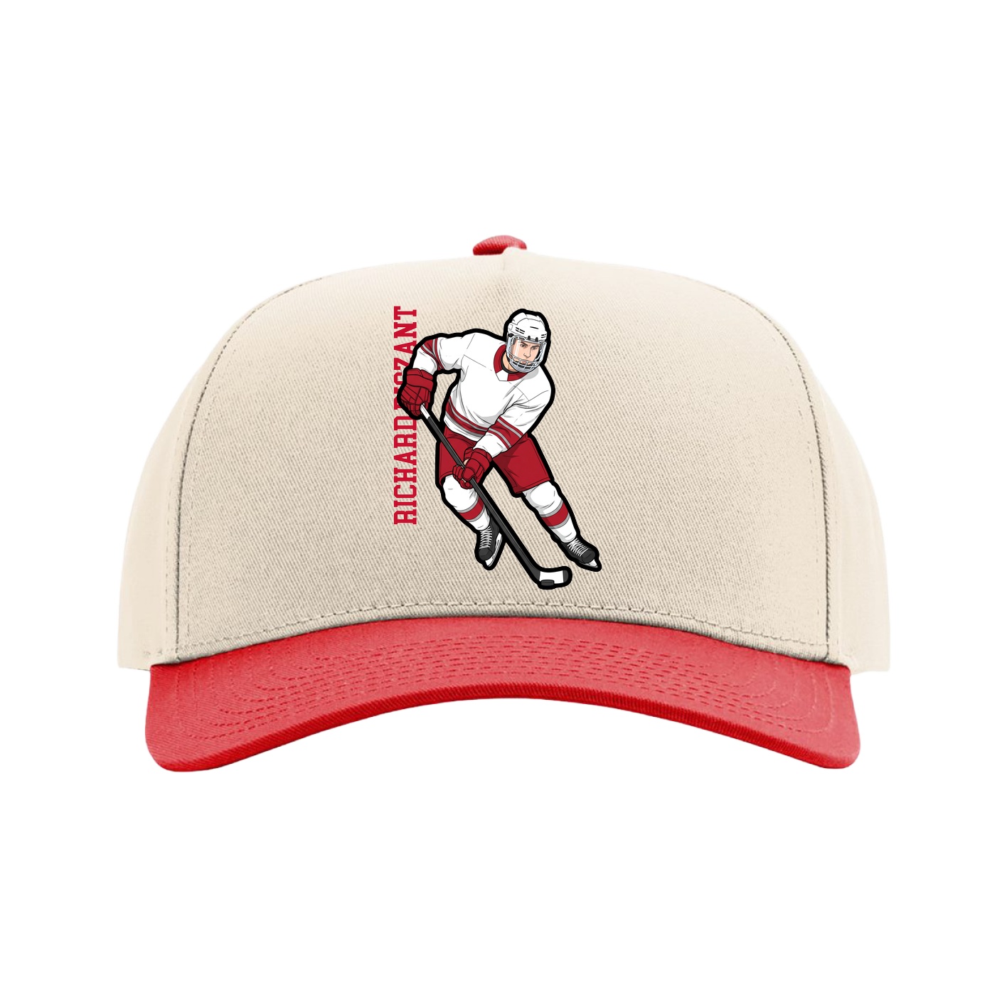 Full Fabric Five-Panel Champ Cap — Name Vertical in Cream/Red