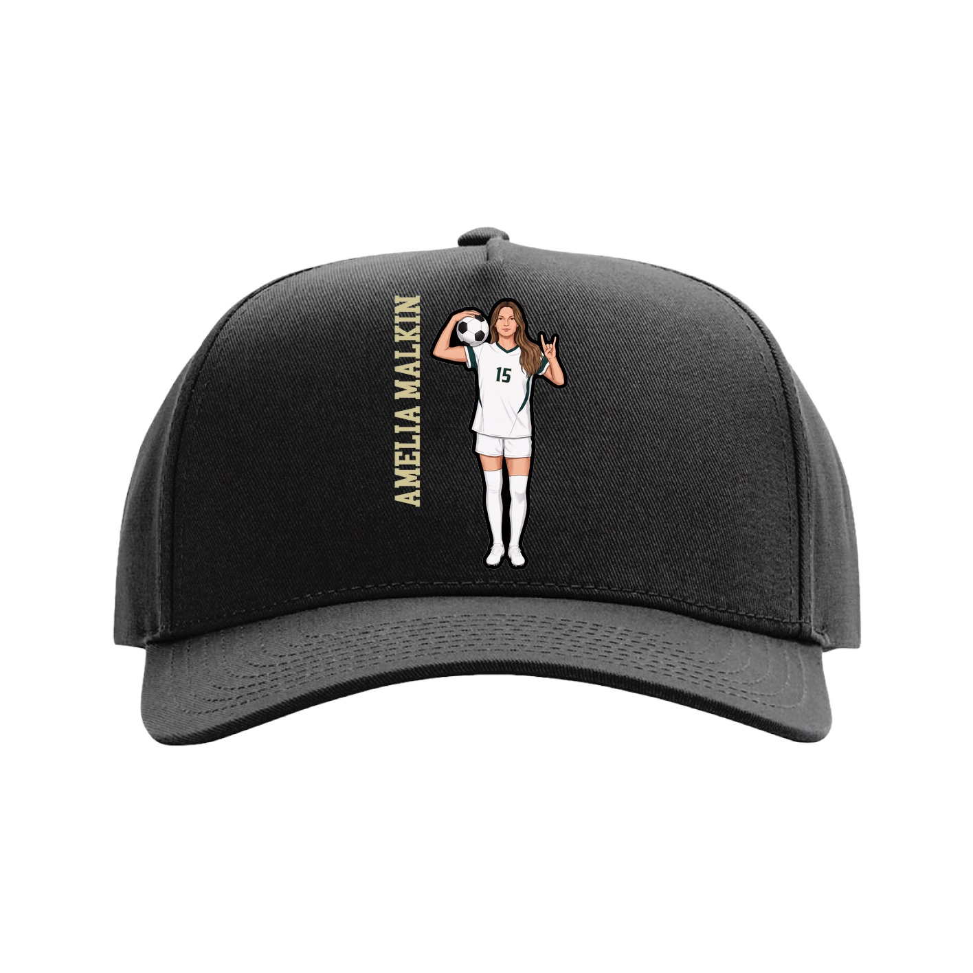 Full Fabric Five-Panel Champ Cap — Name Vertical in Black