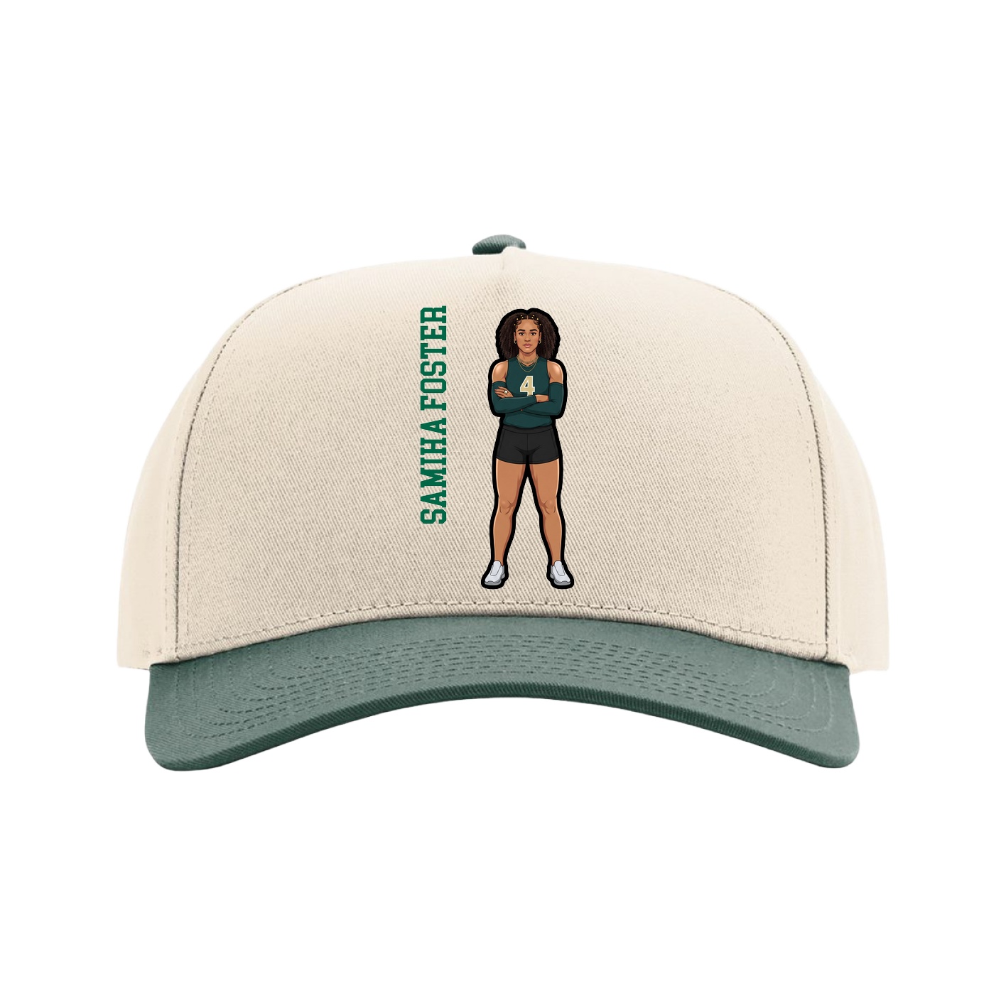 Full Fabric Five-Panel Champ Cap — Name Vertical in Cream/Green