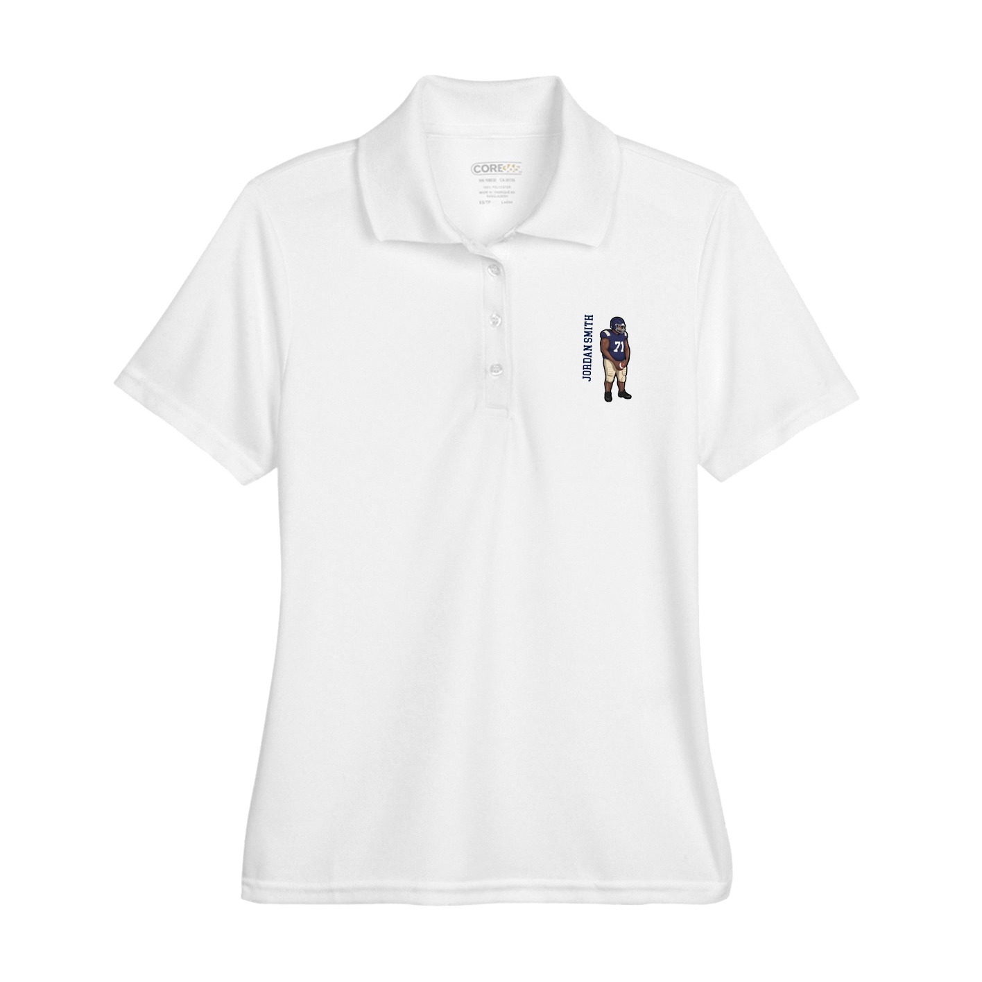 Womens Performance Polo — Name Vertical in White