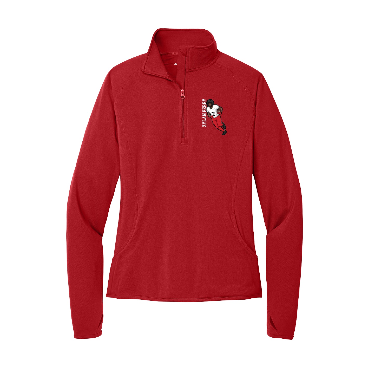 Women's Q-Zip Pullover — Name Vertical in Red