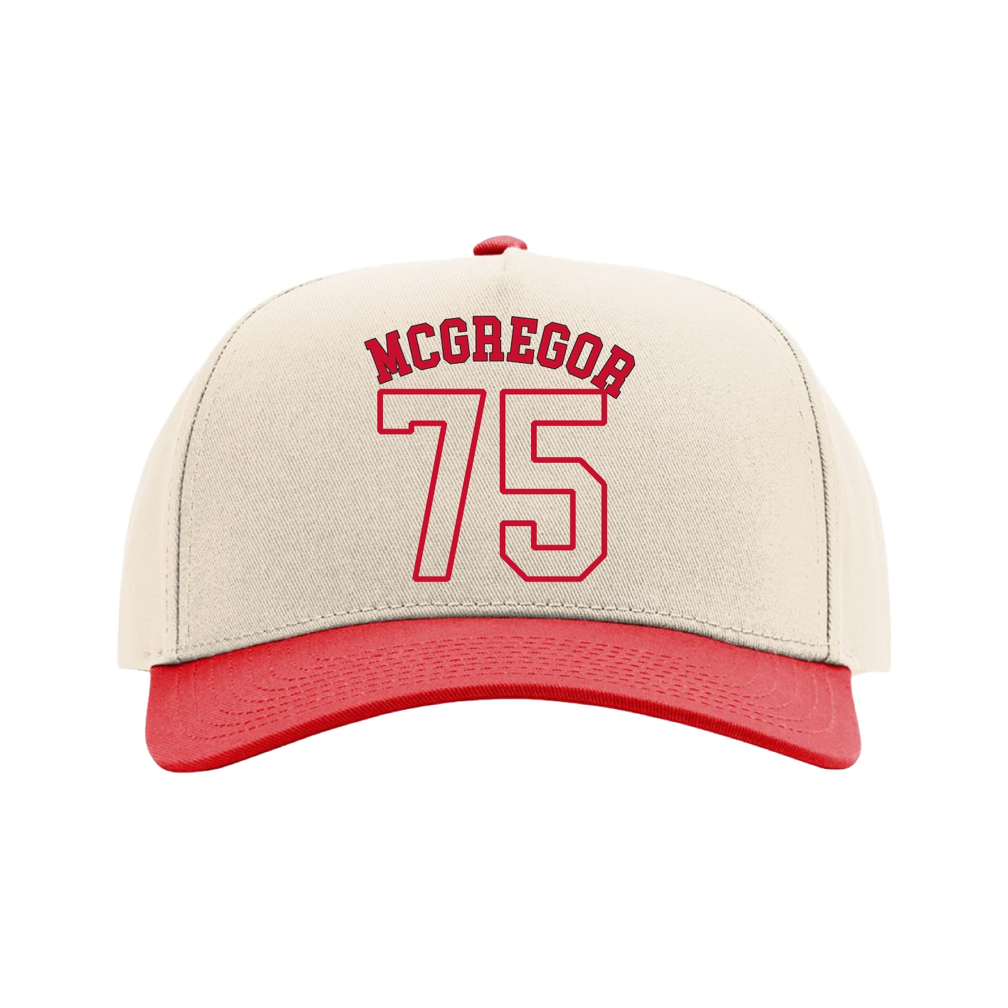 Full Fabric Five-Panel Champ Cap — Shirsey Arch in Cream/Red