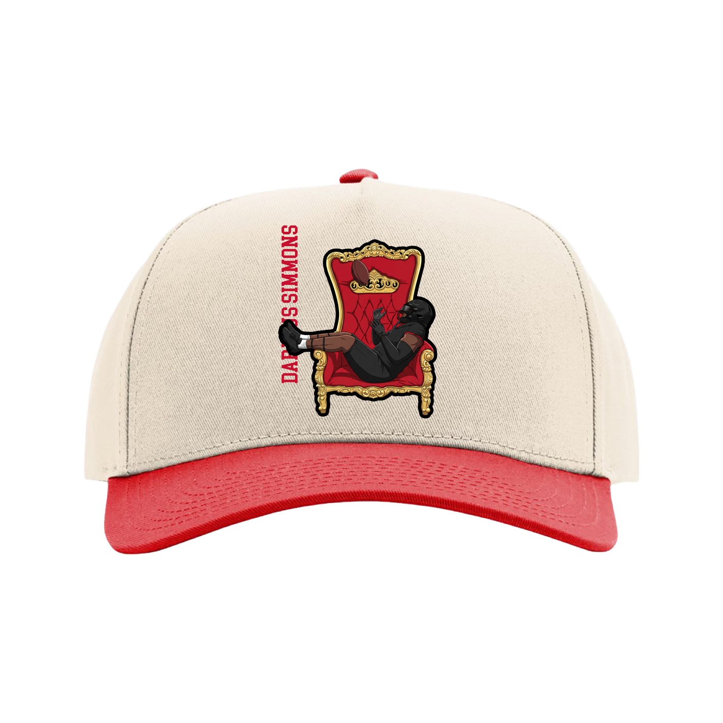 Full Fabric Five-Panel Champ Cap — Name Vertical in Cream/Red