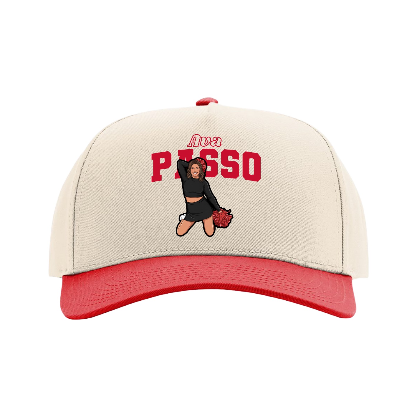 Full Fabric Five-Panel Champ Cap — Name Arch in Cream/Red