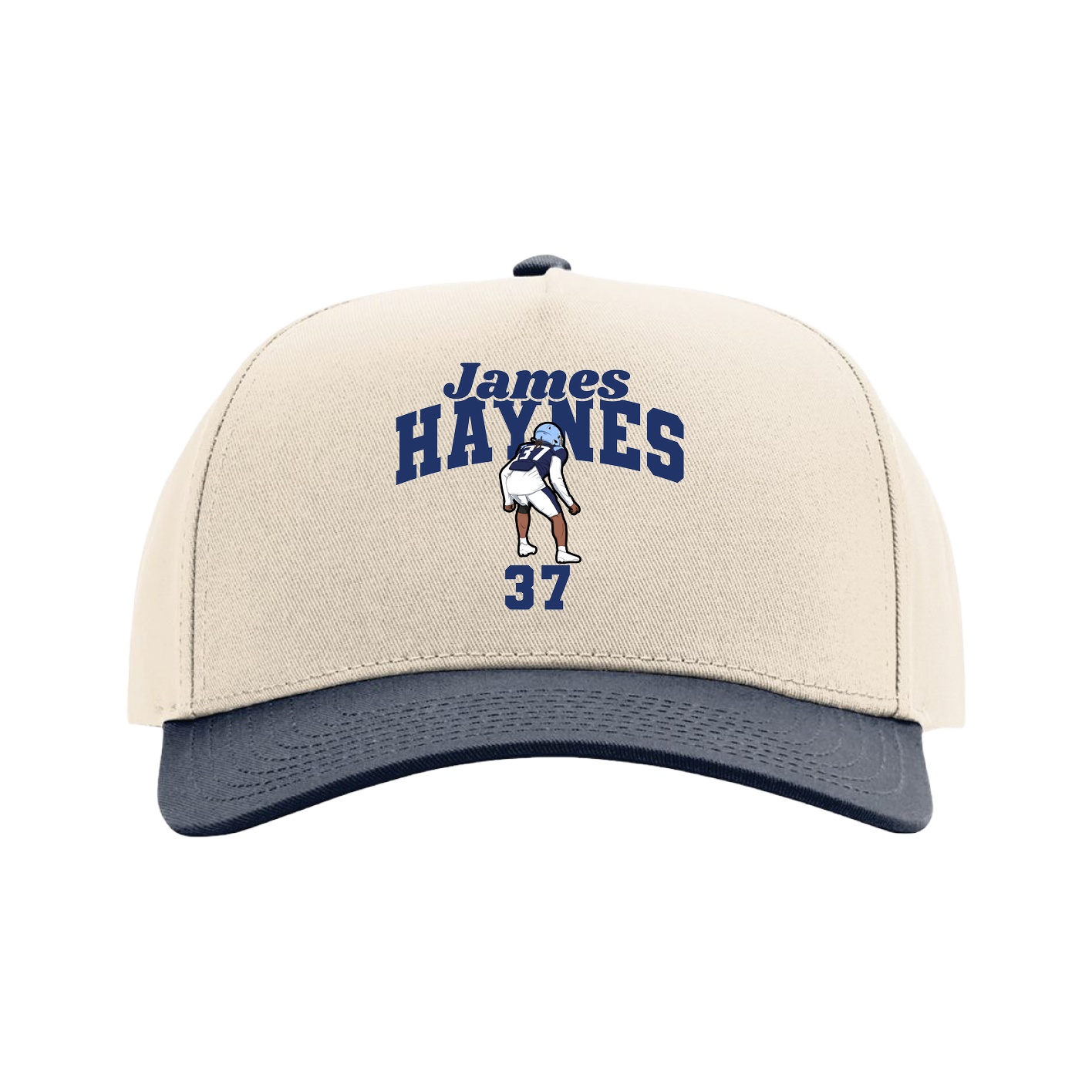 Full Fabric Five-Panel Champ Cap — Signature Arch in Cream/Navy