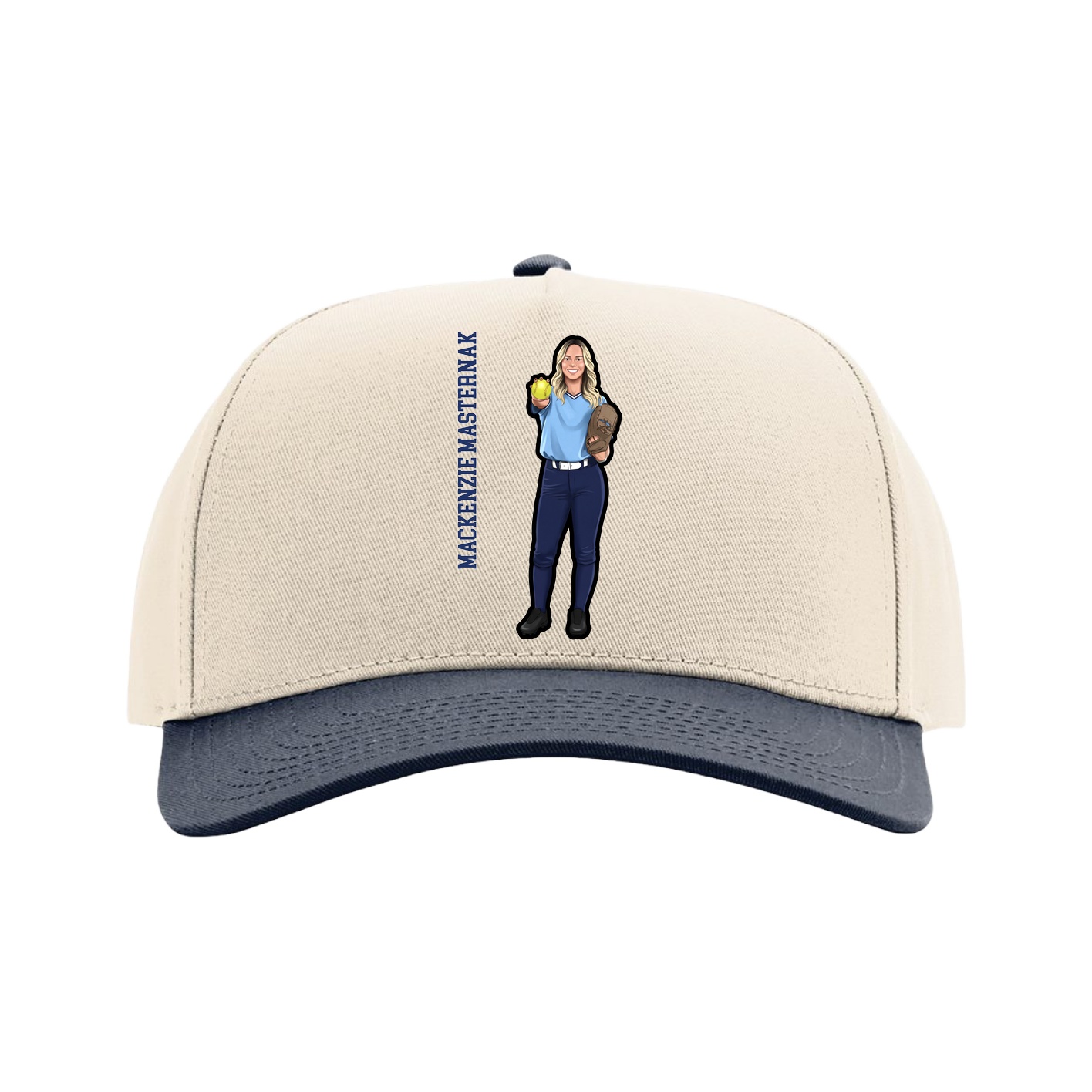 Full Fabric Five-Panel Champ Cap — Name Vertical in Cream/Navy