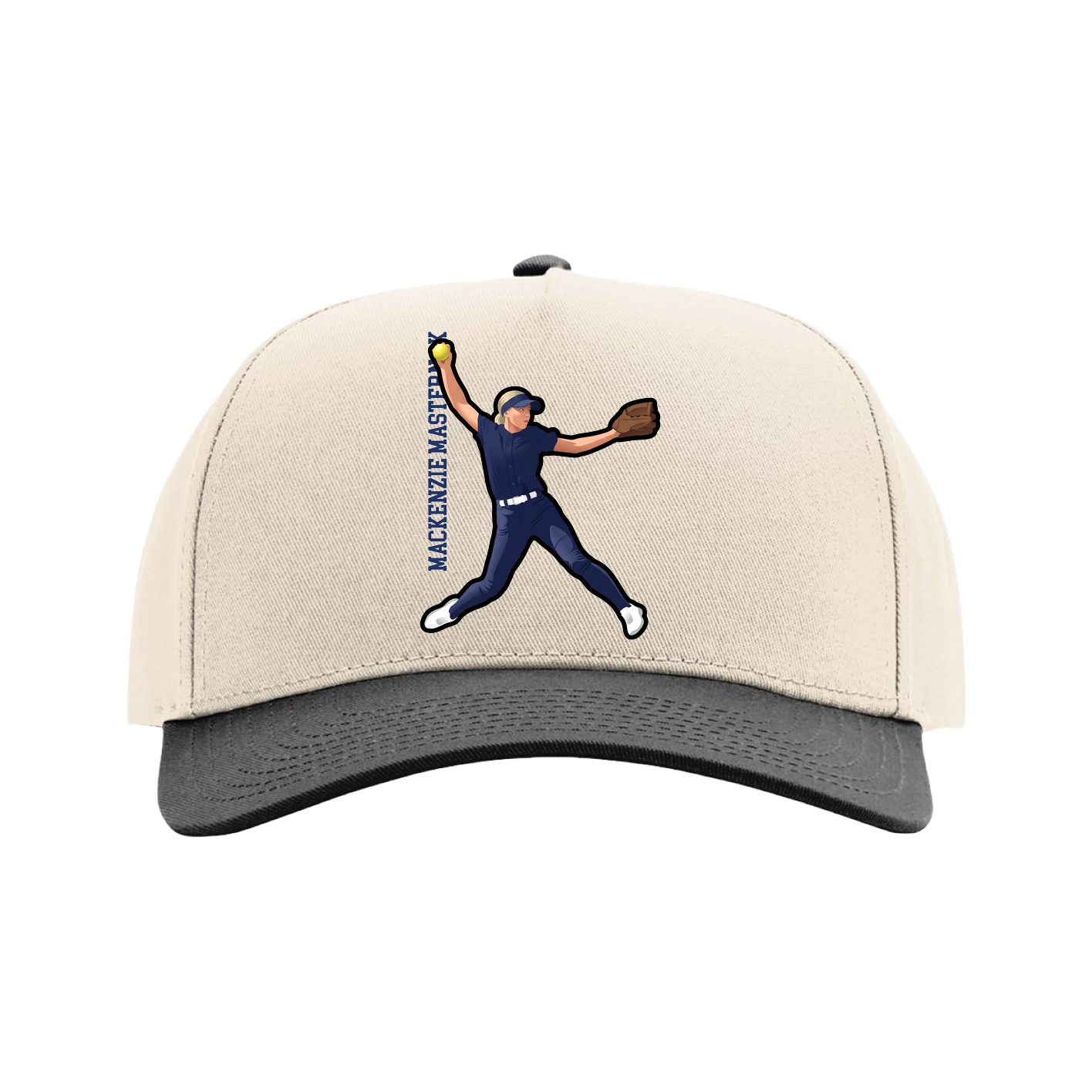 Full Fabric Five-Panel Champ Cap — Name Vertical in Cream/Black