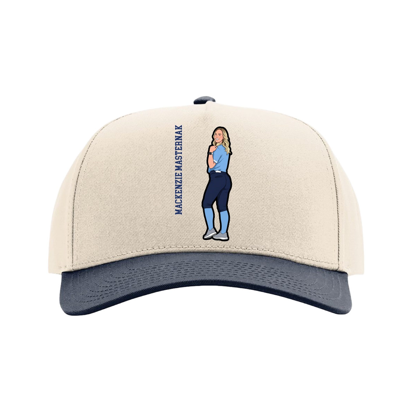 Full Fabric Five-Panel Champ Cap — Name Vertical in Cream/Navy