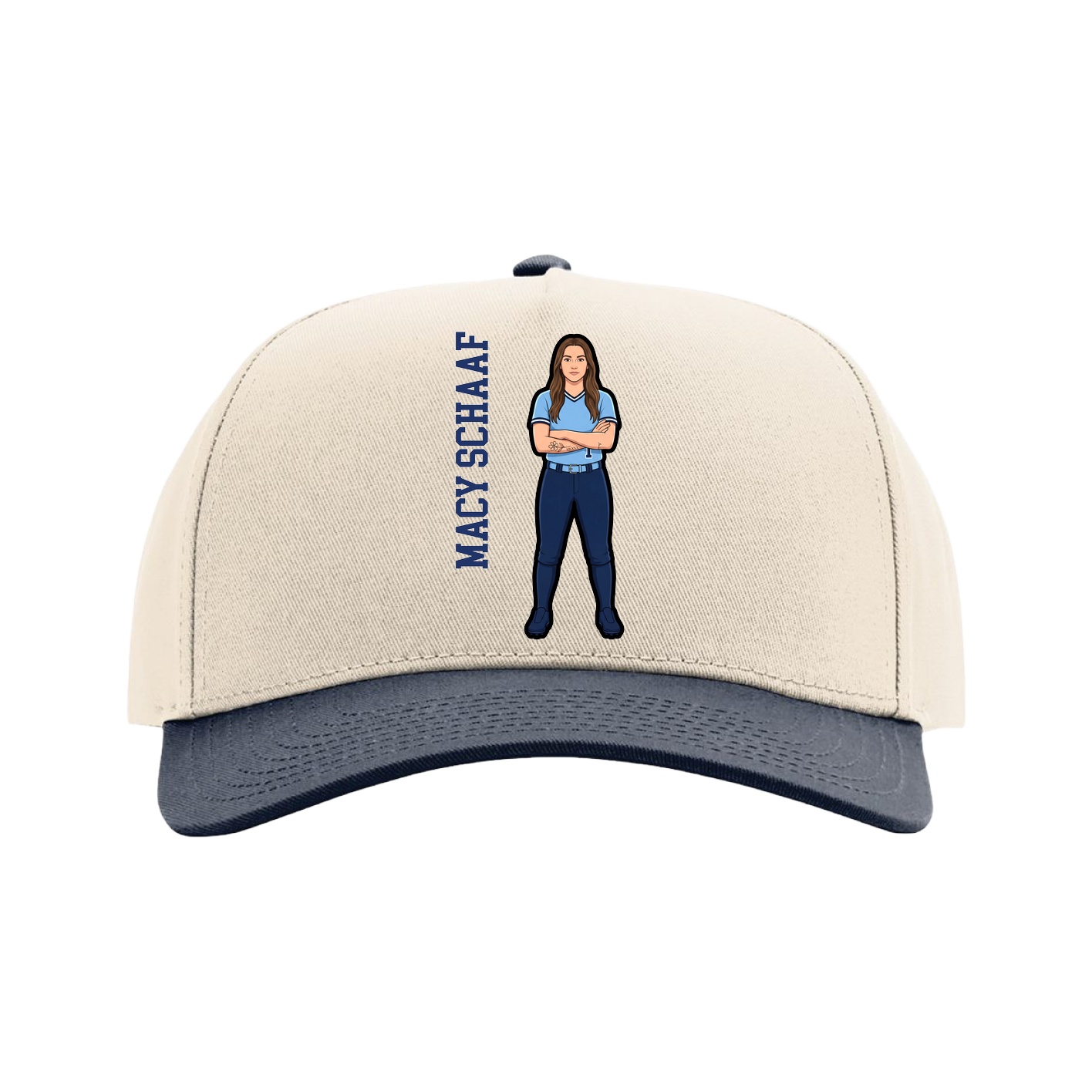 Full Fabric Five-Panel Champ Cap — Name Vertical in Cream/Navy