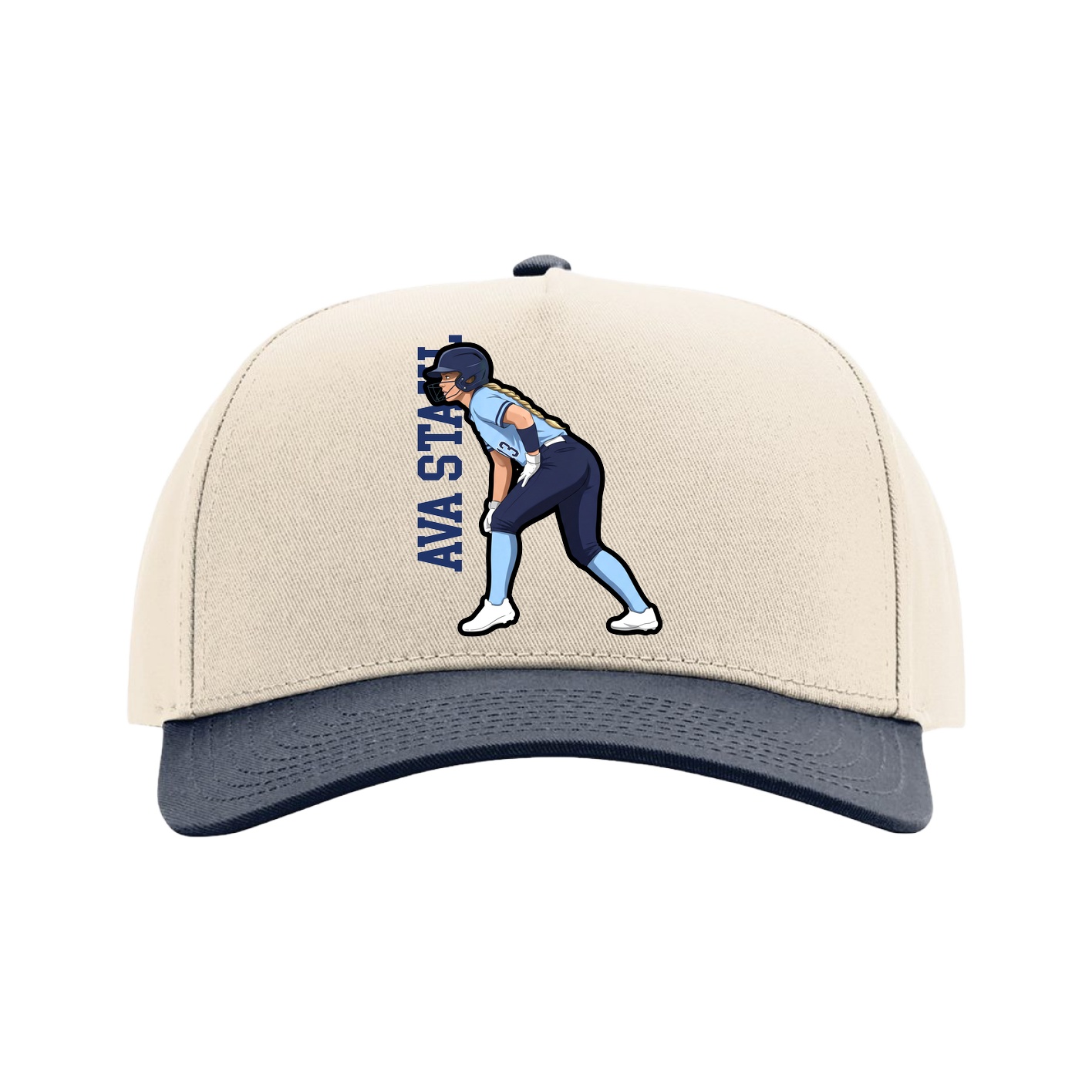Full Fabric Five-Panel Champ Cap — Name Vertical in Cream/Navy