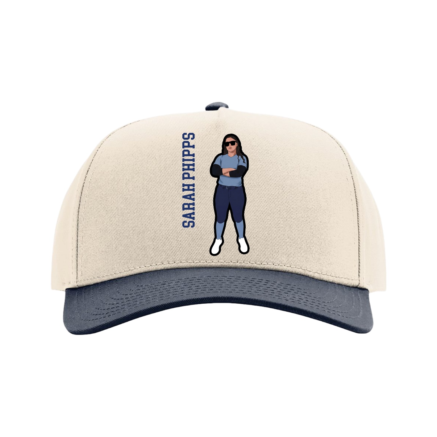 Full Fabric Five-Panel Champ Cap — Name Vertical in Cream/Navy