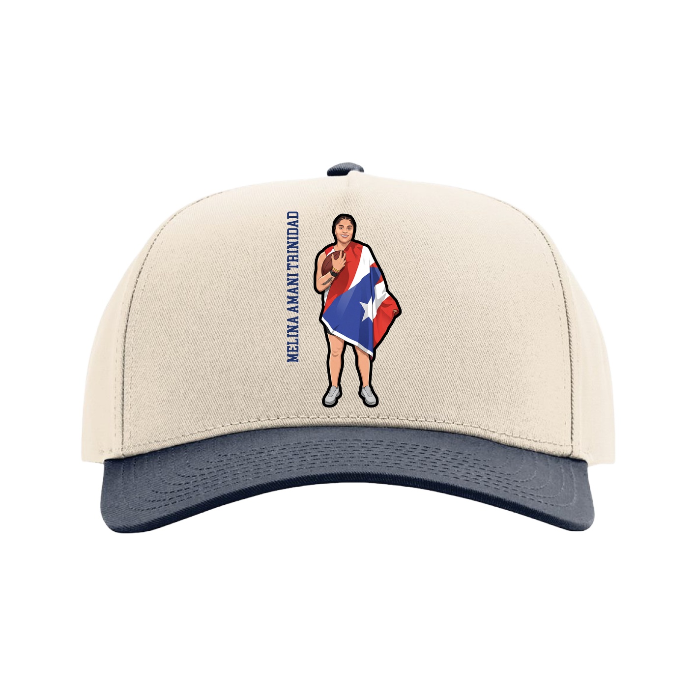 Full Fabric Five-Panel Champ Cap — Name Vertical in Cream/Navy