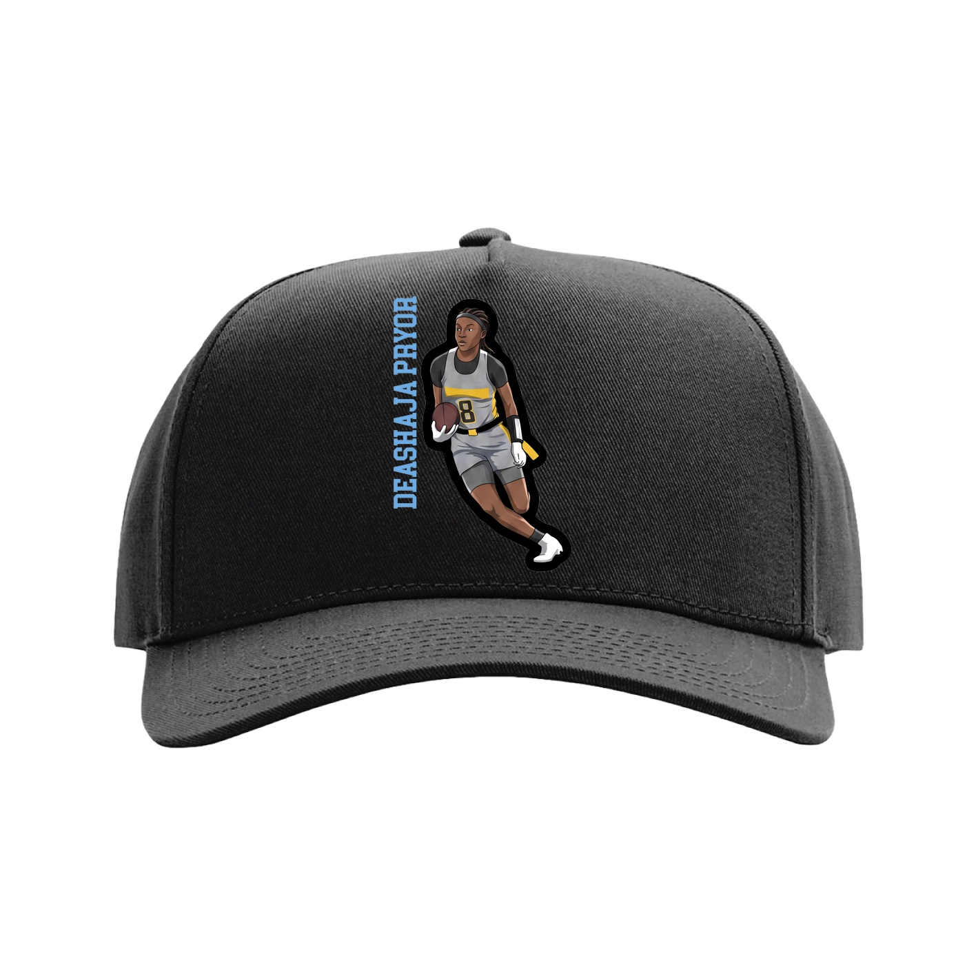 Full Fabric Five-Panel Champ Cap — Name Vertical in Black