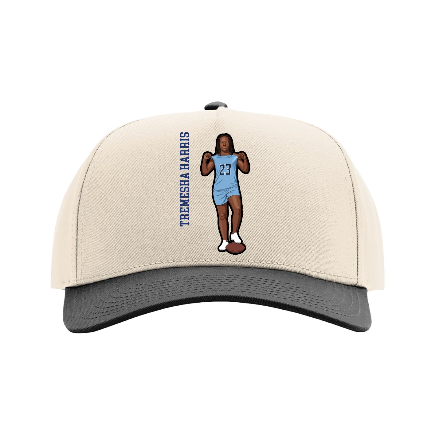 Full Fabric Five-Panel Champ Cap — Name Vertical in Cream/Black