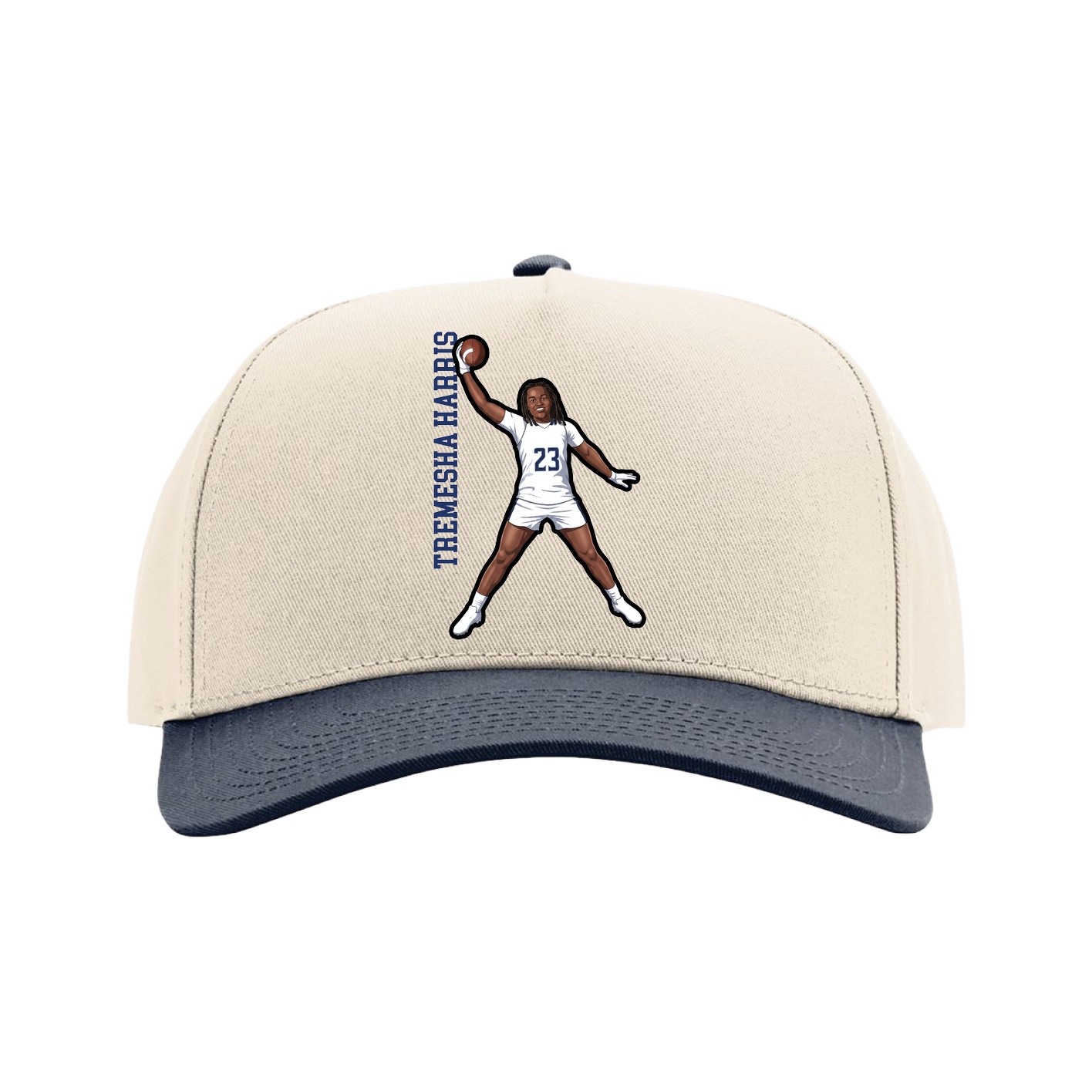 Full Fabric Five-Panel Champ Cap — Name Vertical in Cream/Navy