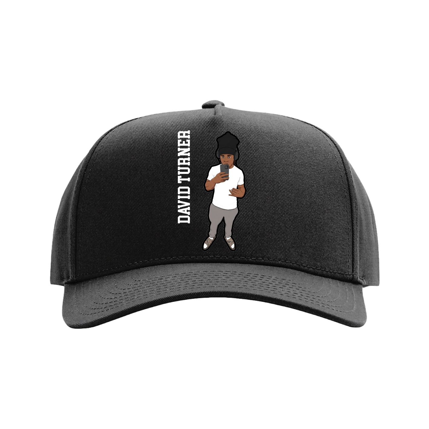 Full Fabric Five-Panel Champ Cap — Name Vertical in Black