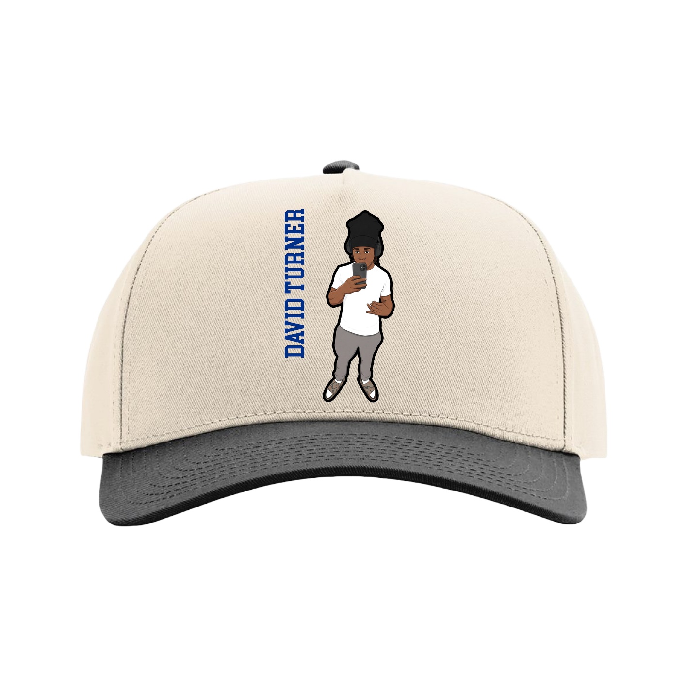 Full Fabric Five-Panel Champ Cap — Name Vertical in Cream/Black