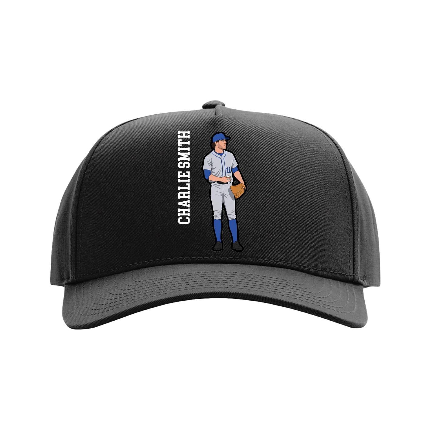 Full Fabric Five-Panel Champ Cap — Name Vertical in Black