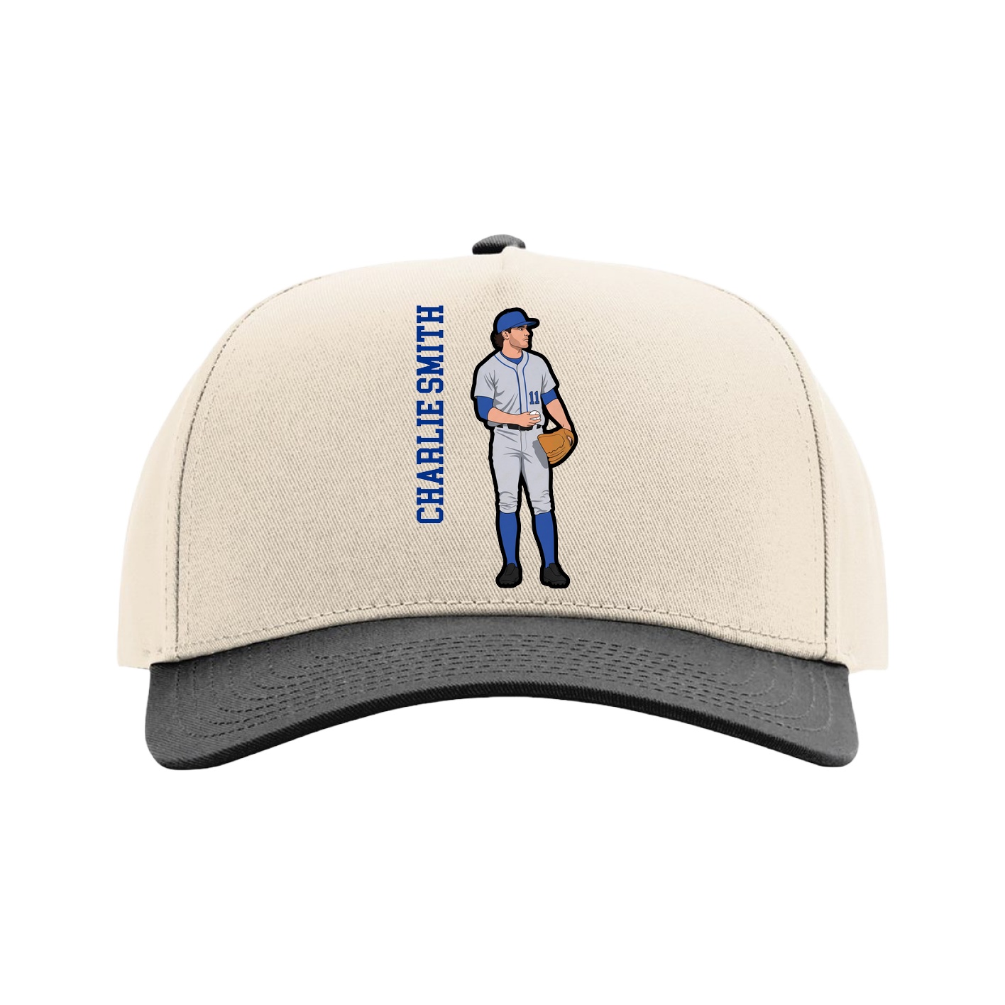 Full Fabric Five-Panel Champ Cap — Name Vertical in Cream/Black