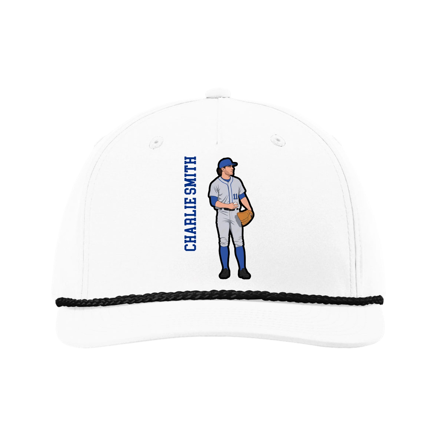 Five-Panel Classic Rope Cap — Name Vertical in White