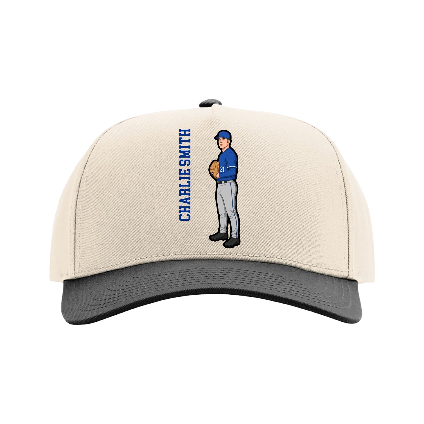 Full Fabric Five-Panel Champ Cap — Name Vertical in Cream/Black