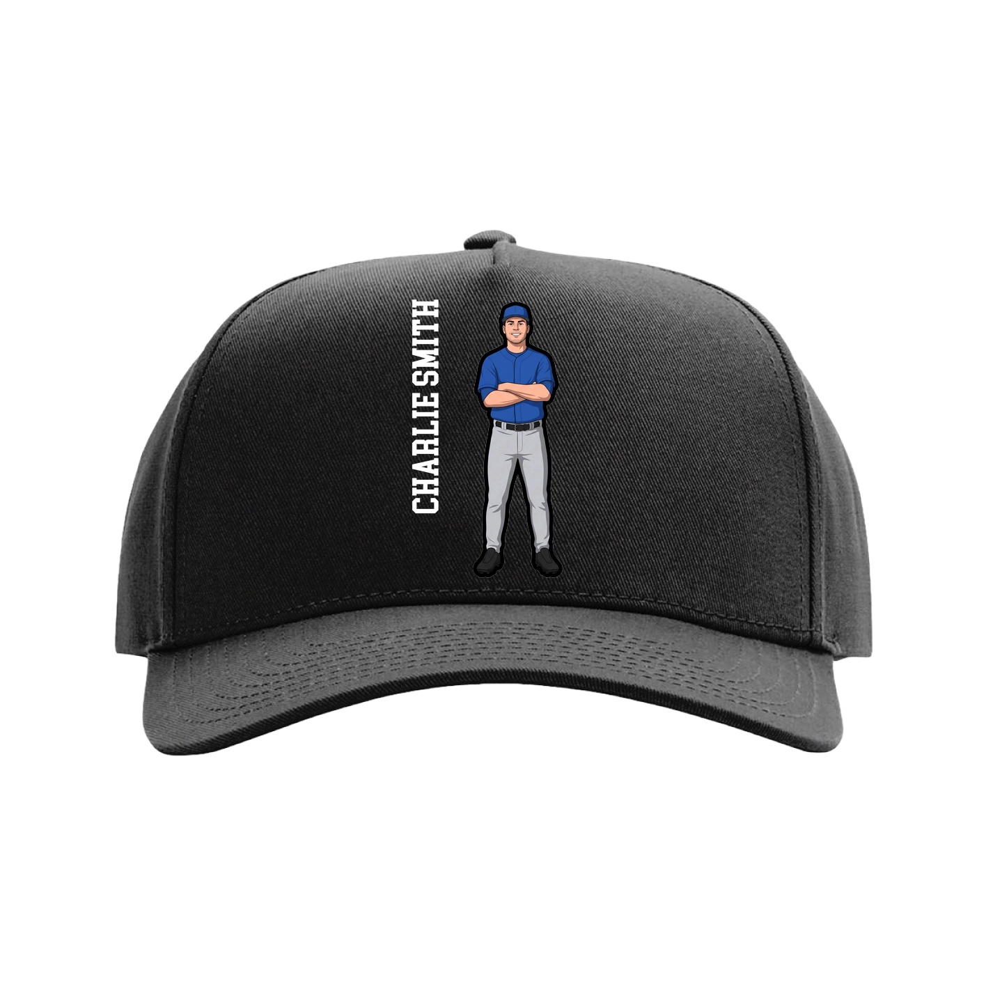 Full Fabric Five-Panel Champ Cap — Name Vertical in Black