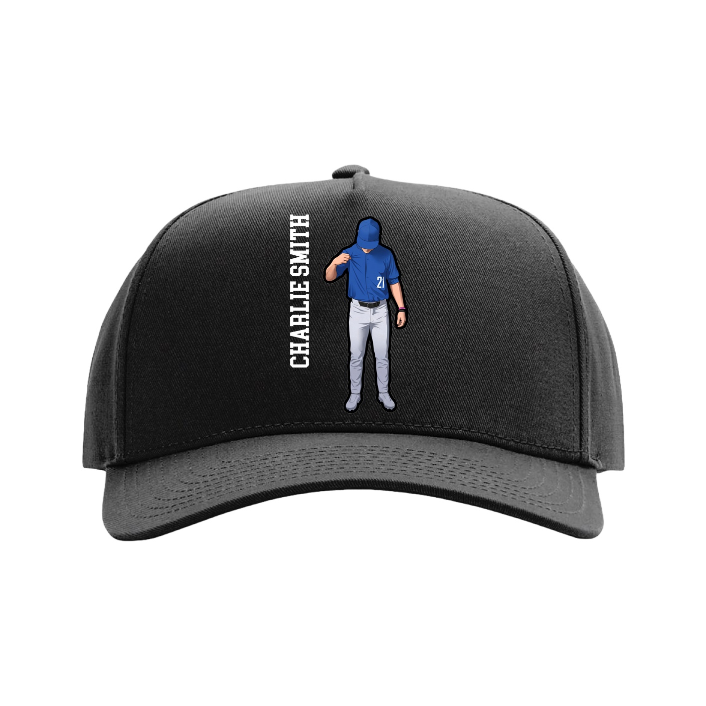 Full Fabric Five-Panel Champ Cap — Name Vertical in Black