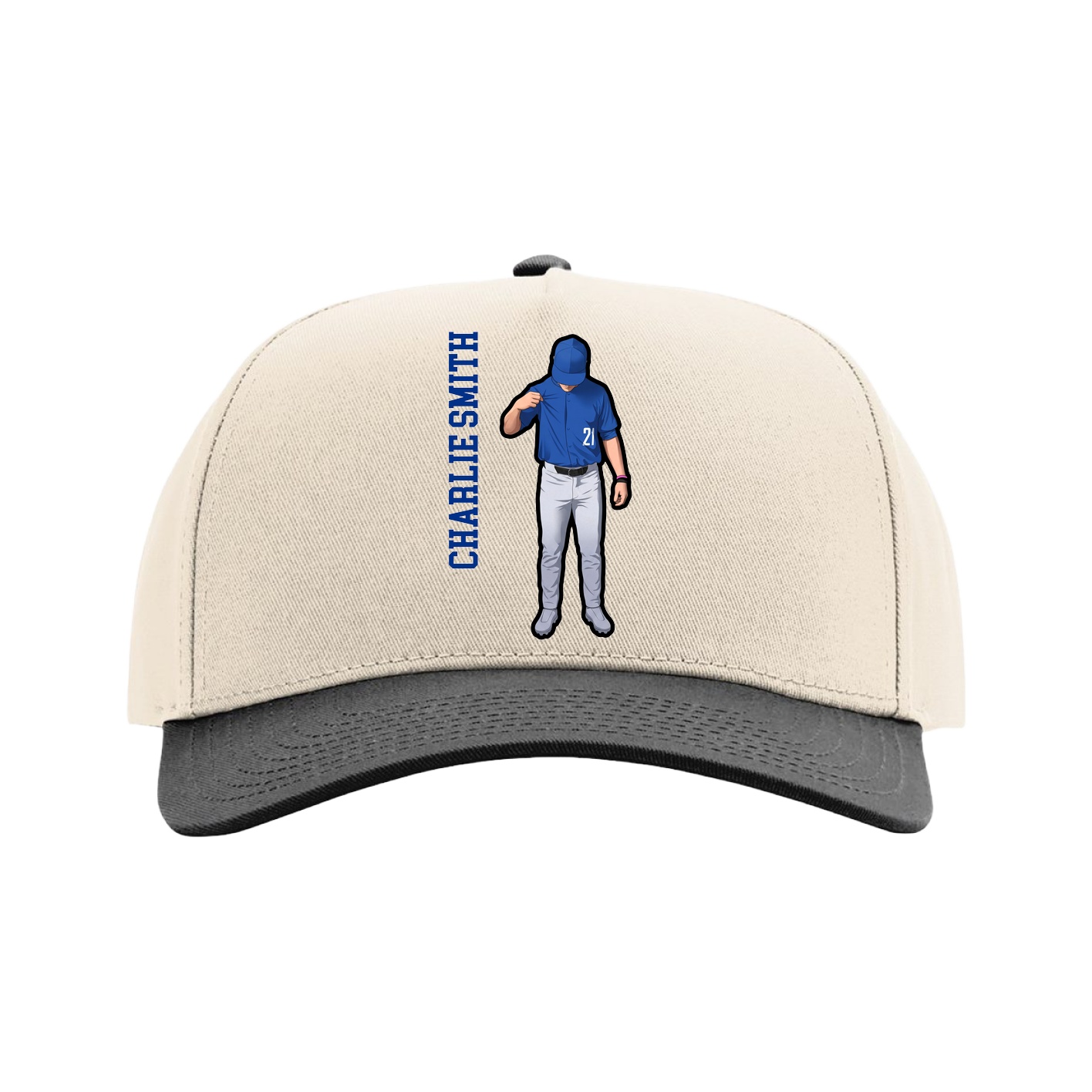 Full Fabric Five-Panel Champ Cap — Name Vertical in Cream/Black