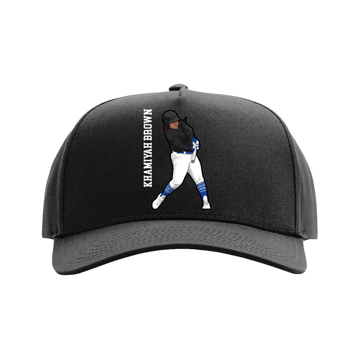 Full Fabric Five-Panel Champ Cap — Name Vertical in Black