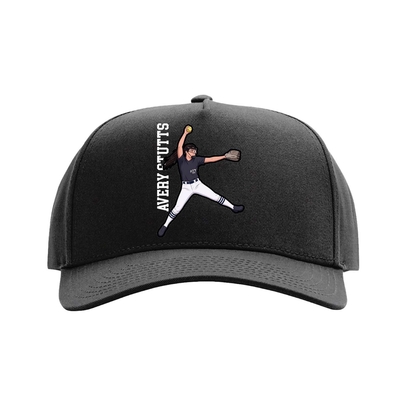 Full Fabric Five-Panel Champ Cap — Name Vertical in Black