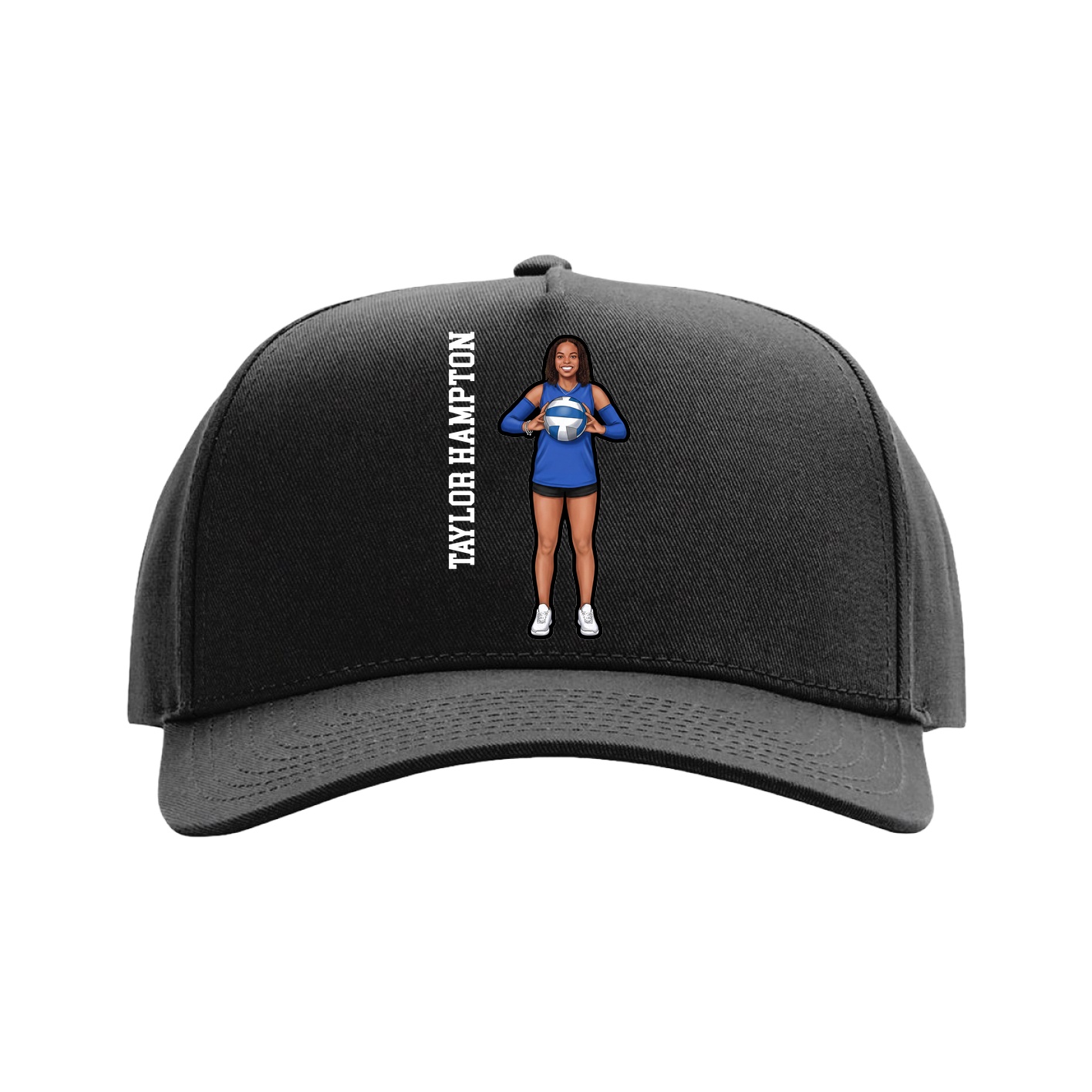 Full Fabric Five-Panel Champ Cap — Name Vertical in Black