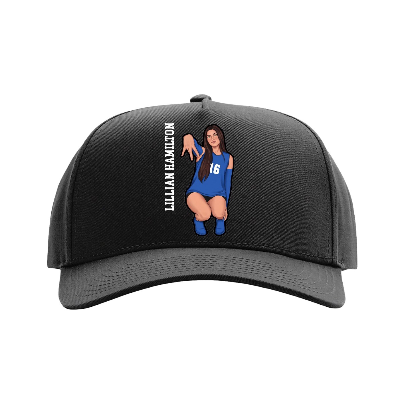 Full Fabric Five-Panel Champ Cap — Name Vertical in Black
