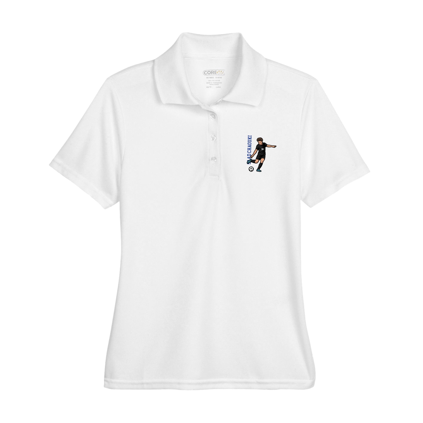 Womens Performance Polo — Name Vertical in White