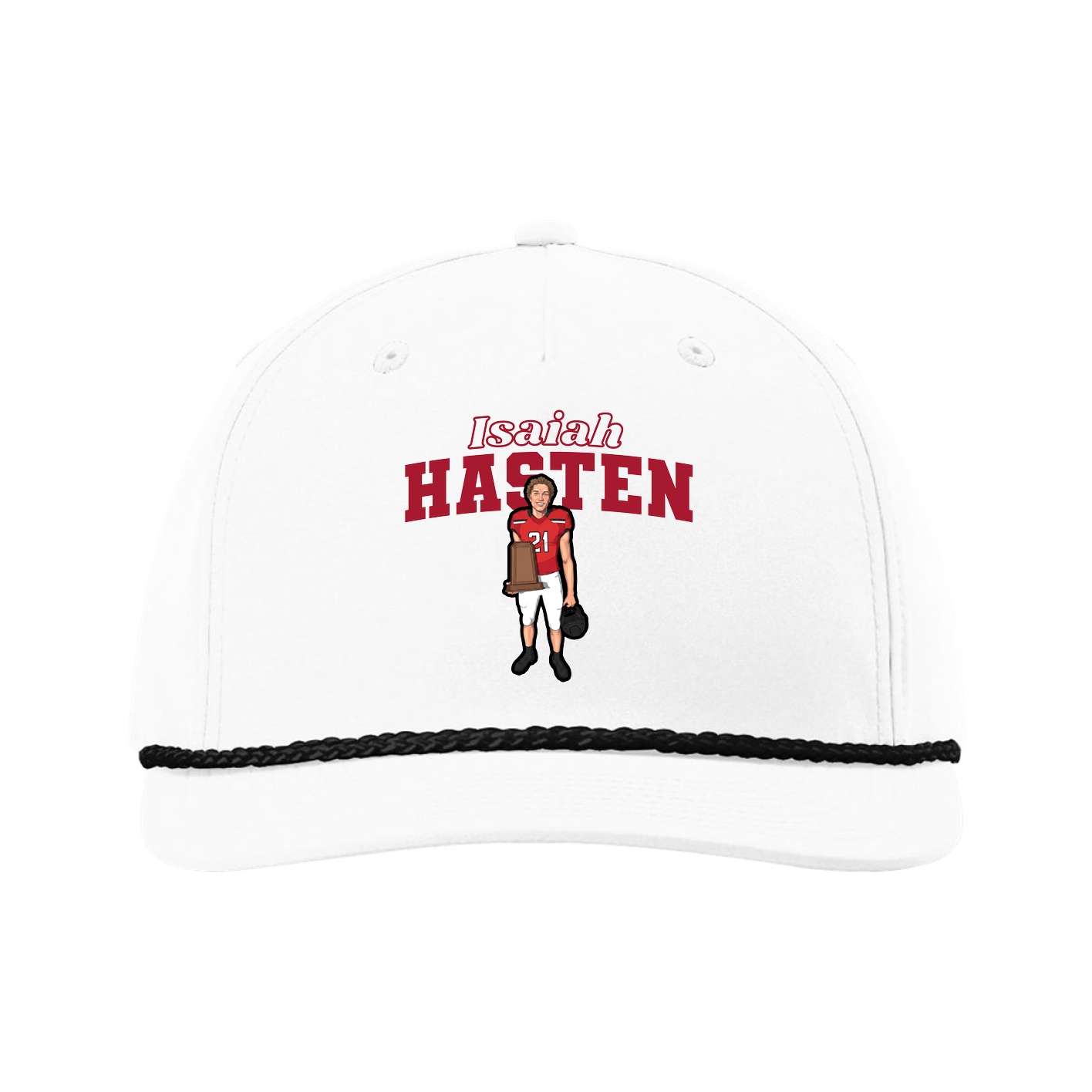 Five-Panel Classic Rope Cap — Name Arch in White