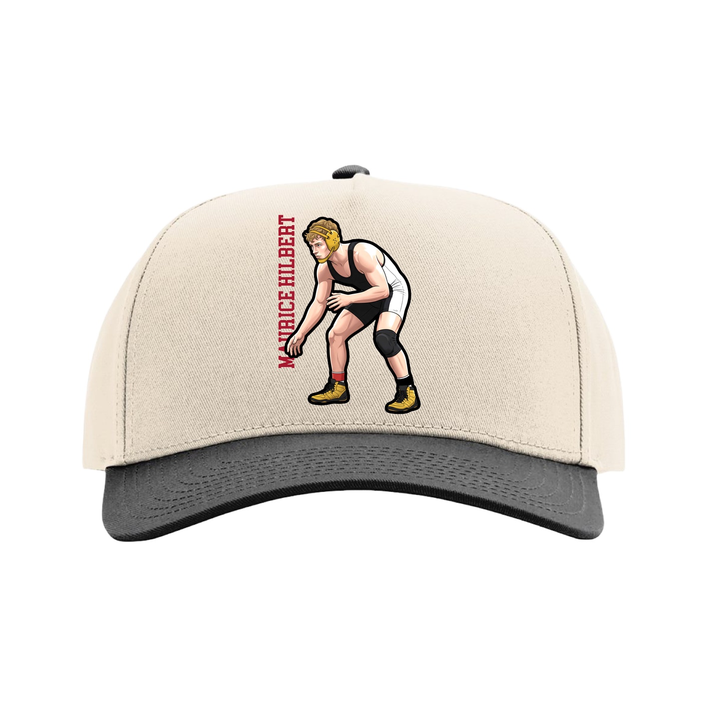 Full Fabric Five-Panel Champ Cap — Name Vertical in Cream/Black