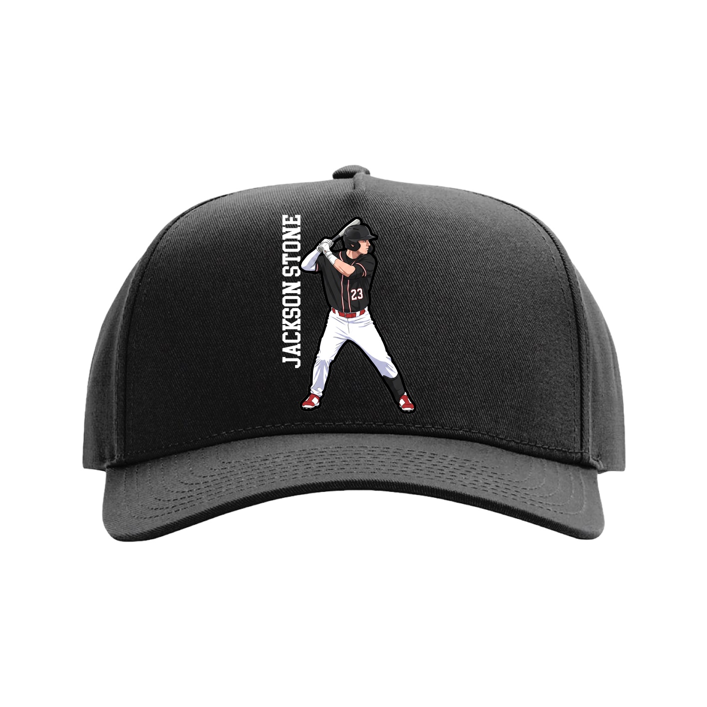 Full Fabric Five-Panel Champ Cap — Name Vertical in Black